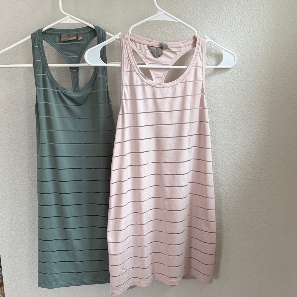 TWO Athleta Racerback Mesh stripe Tank Top- Pink & Sage Size Medium Tall